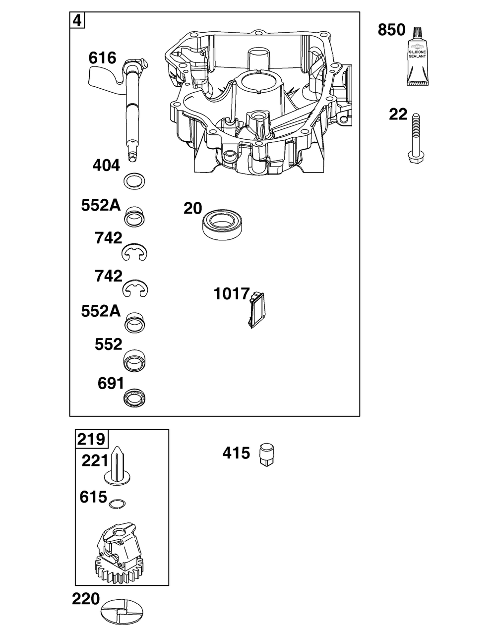 Crankcase Cover/Sump Group Diagram and Parts List for 49J677-0011-G1  Briggs and Stratton Engine